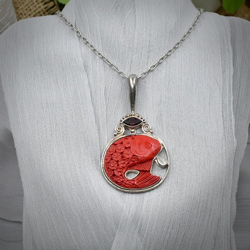 Sajen Sterling Silver 925 Carved Cinnabar Fish Garnet Pendant Necklace w Chain
